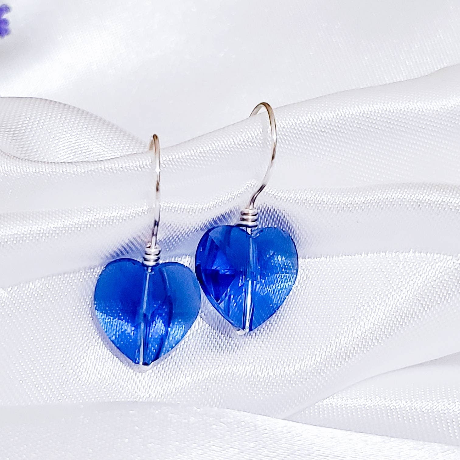 Blue Crystal Heart Earrings, Huggie earrings, Delicate earrings, Tiny drop earrings, Tiny stud earrings, Mother in law gift from bride