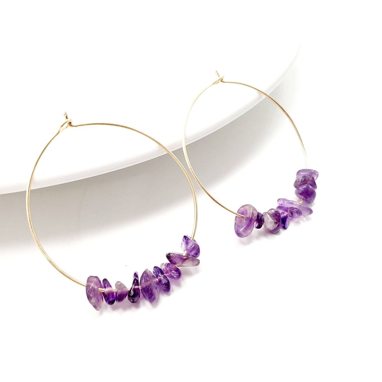 Amethyst Thin hoop earrings, Crystal hoop earrings, minimalistic hoop earrings, gifted earring, giftful daughter, gift for- her,wife  gifted