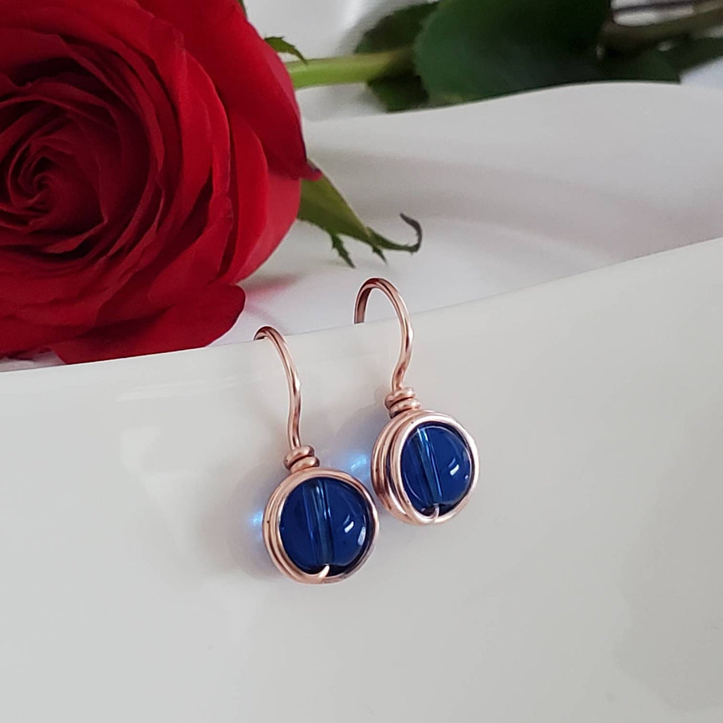 Tiny drop earrings, Wire Wrapped Dangle Earrings, Royal blue Earrings, Asymmetrical earrings, 1st mothers day gift