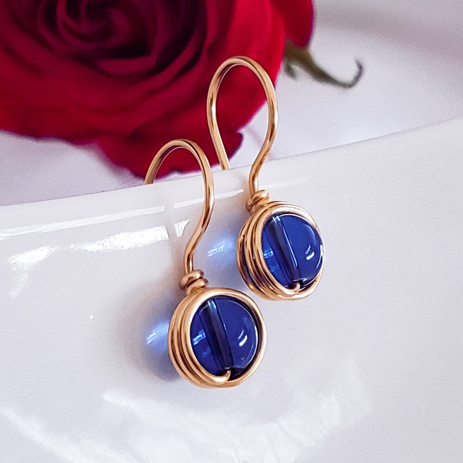 Tiny drop earrings, Wire Wrapped Dangle Earrings, Royal blue Earrings, Asymmetrical earrings, 1st mothers day gift