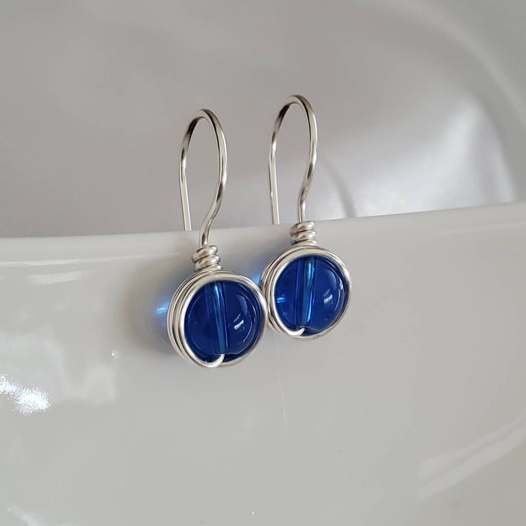 Tiny drop earrings, Wire Wrapped Dangle Earrings, Royal blue Earrings, Asymmetrical earrings, 1st mothers day gift
