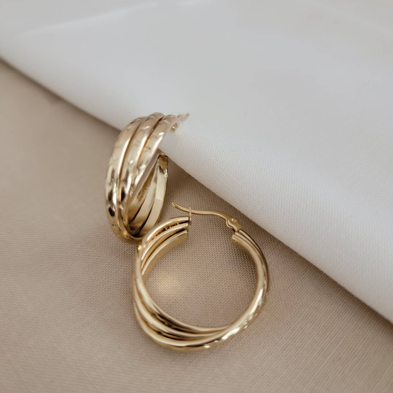 Triple Hoop Earrings, Gold hoop earrings, Knot earrings,Thick hoop earrings, Chunky gold hoops earrings, Triple band hoops, gold triple hoop