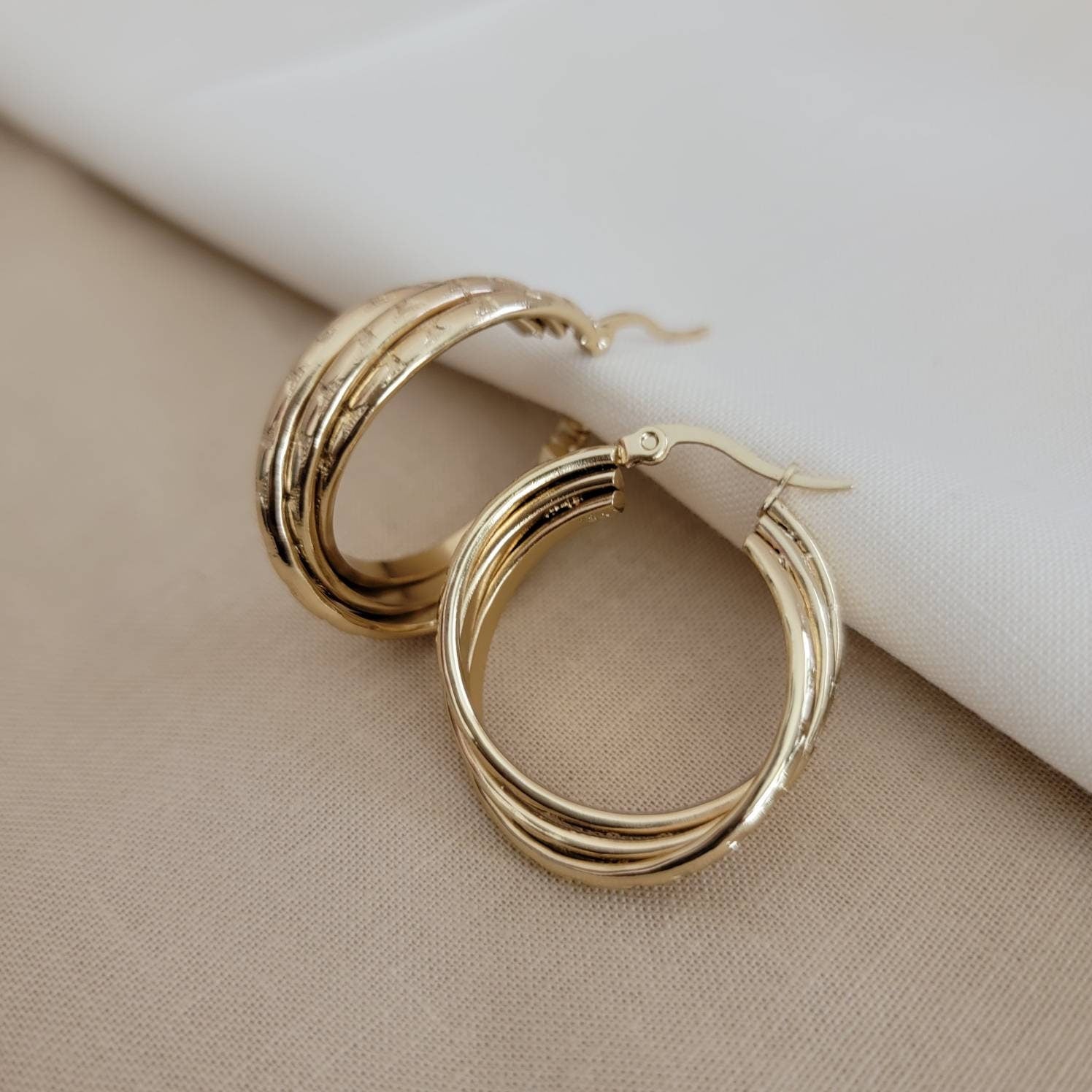 Triple Hoop Earrings, Gold hoop earrings, Knot earrings,Thick hoop earrings, Chunky gold hoops earrings, Triple band hoops, gold triple hoop