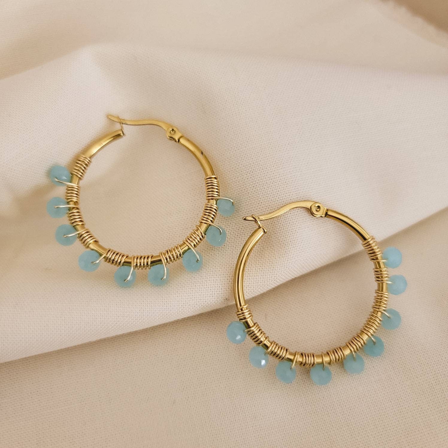 Hoop aquamarine earrings, Birthstone hoop earrings, Aquamarine Huggie Hoops, Wedding Jewelry, Perfect Gift for Her, christmas gifts