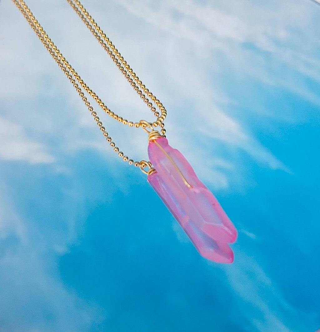 Rose quartz necklace, Quartz point pendant, Quartz crystal point pendant, Rose Quartz Pendant, Gold ball chain, Minimalist layering, gifteds