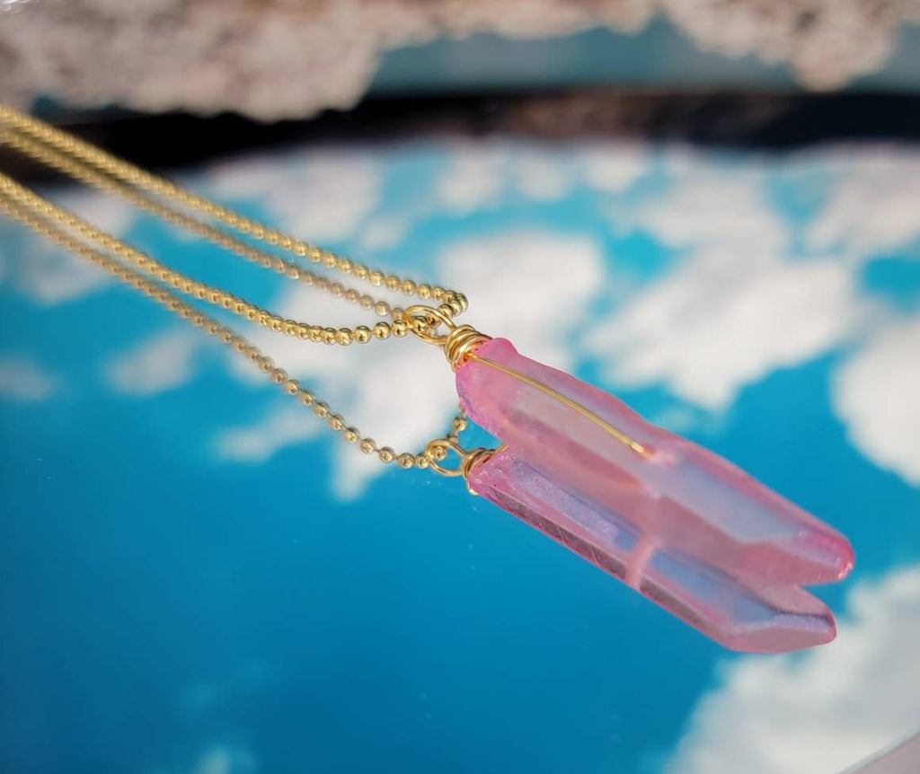 Rose quartz necklace, Quartz point pendant, Quartz crystal point pendant, Rose Quartz Pendant, Gold ball chain, Minimalist layering, gifteds