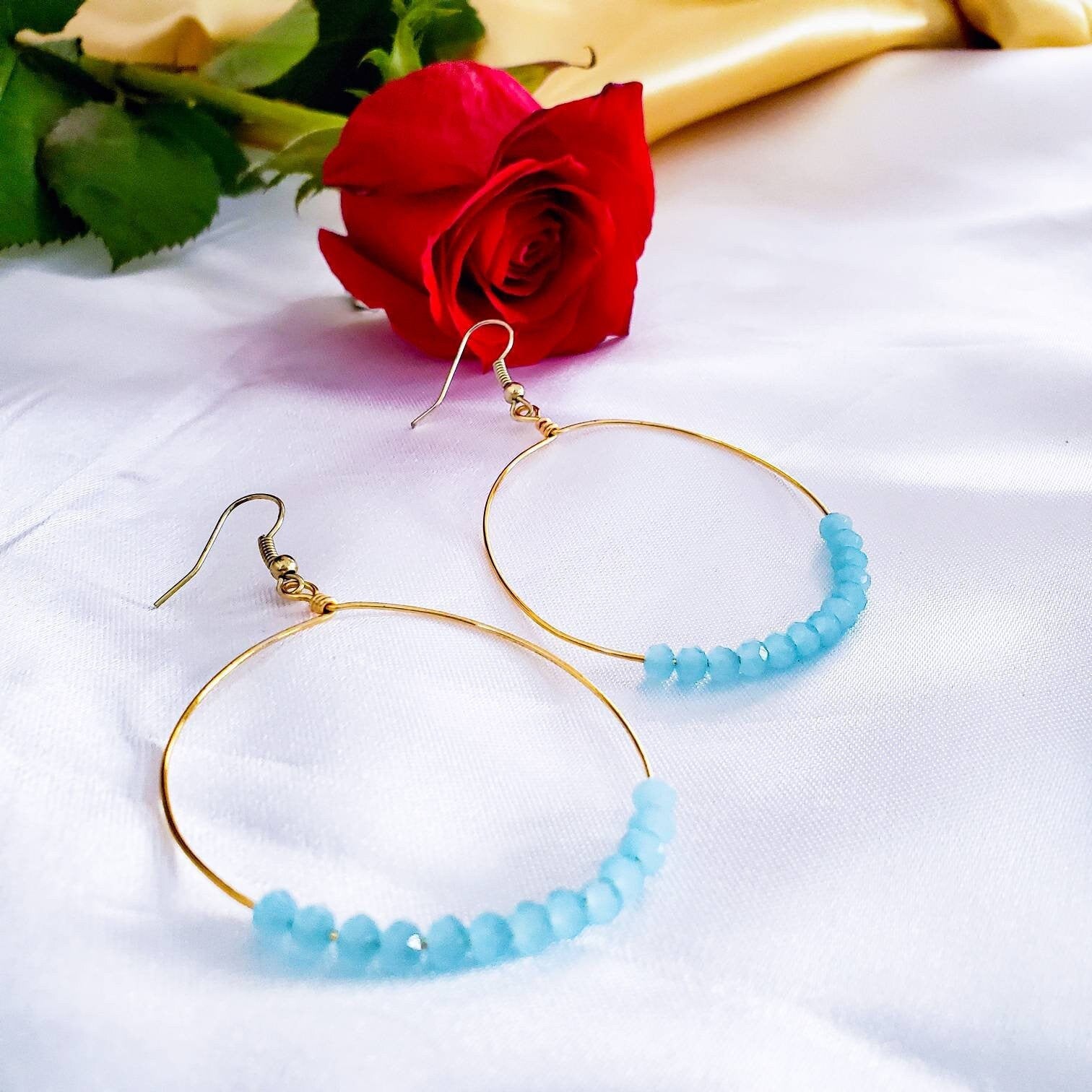 Aquamarine hoop earrings, Aquamarine Birthstone Earrings, Large gold hoop earrings, March birthstone earrings, Gemstone hoop earrings