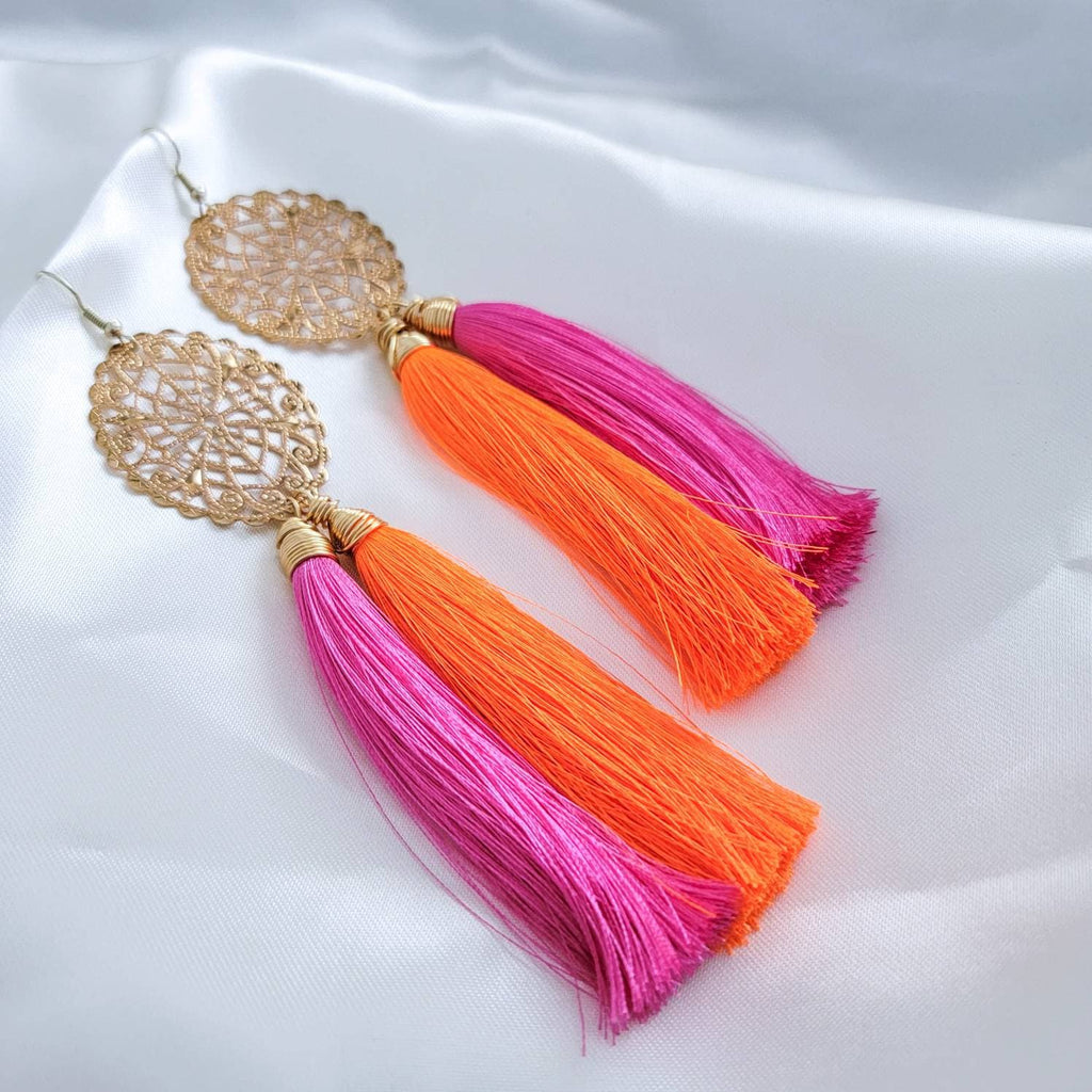 Hot Pink Orange Tassel Earrings, summer color earring, earrings long drops, boho-gifted-earring, giftful earrings, earring for hers