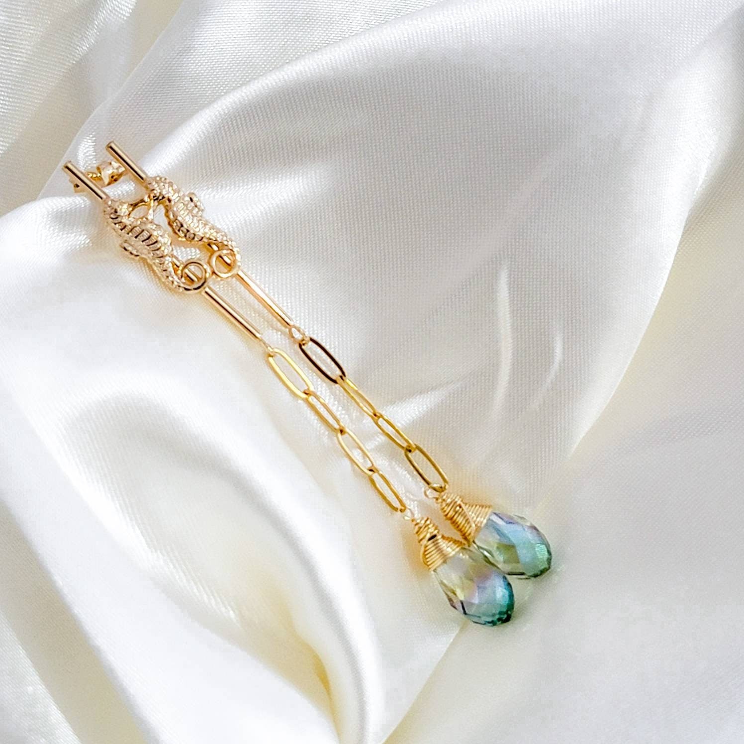 Threader Chain Earrings, Seahorse chic earrings, minimal earrings, dainty earrings, celestial hoops, cz chain earring, chain stud earring
