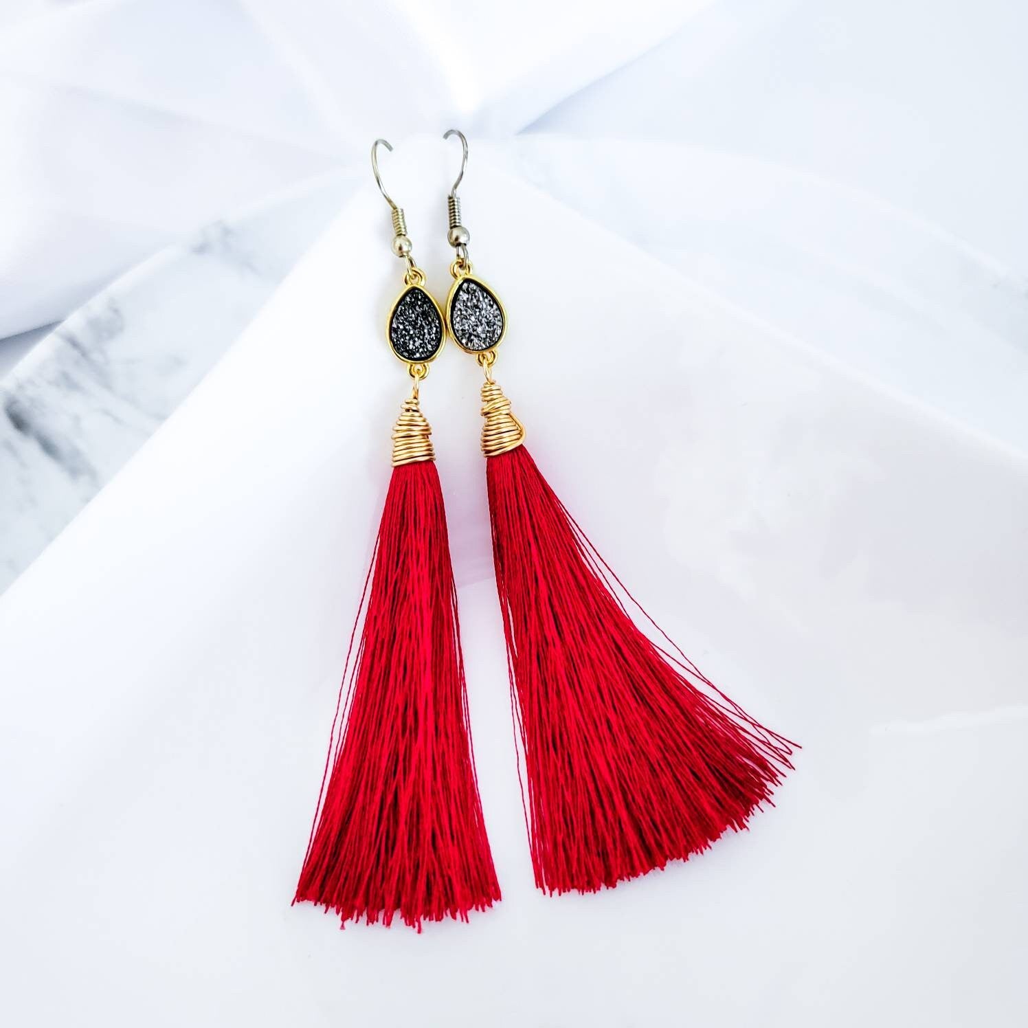 Tassel earrings, Druzy Earrings, Red tassel earrings, Fringe tassel earrings, Boho Large Tassel Earrings, colorful tassels, simple tassel