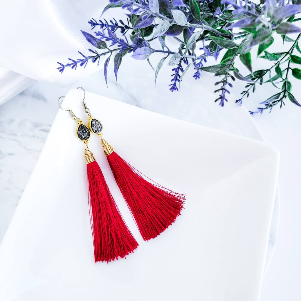 Tassel earrings, Druzy Earrings, Red tassel earrings, Fringe tassel earrings, Boho Large Tassel Earrings, colorful tassels, simple tassel