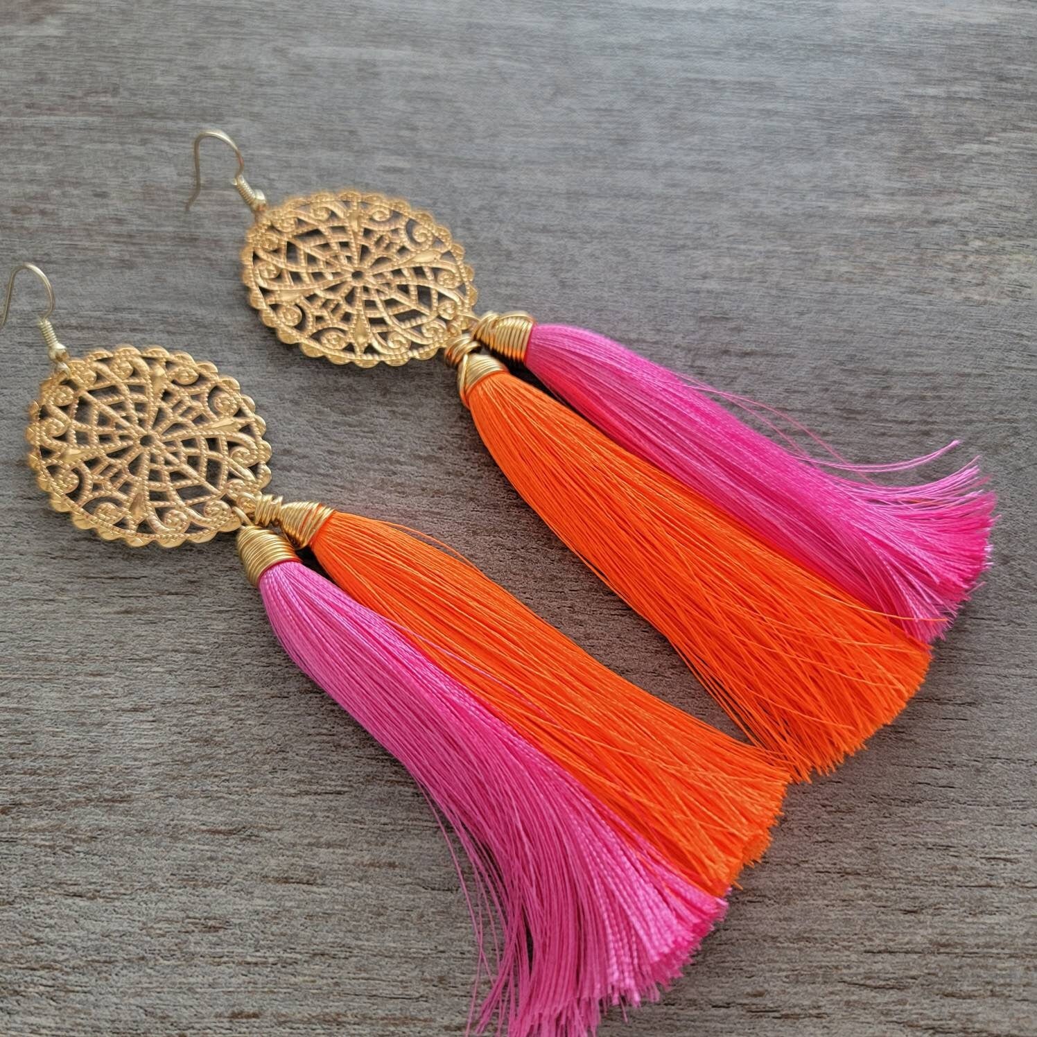 Hot Pink Orange Tassel Earrings, summer color earring, earrings long drops, boho-gifted-earring, giftful earrings, earring for hers