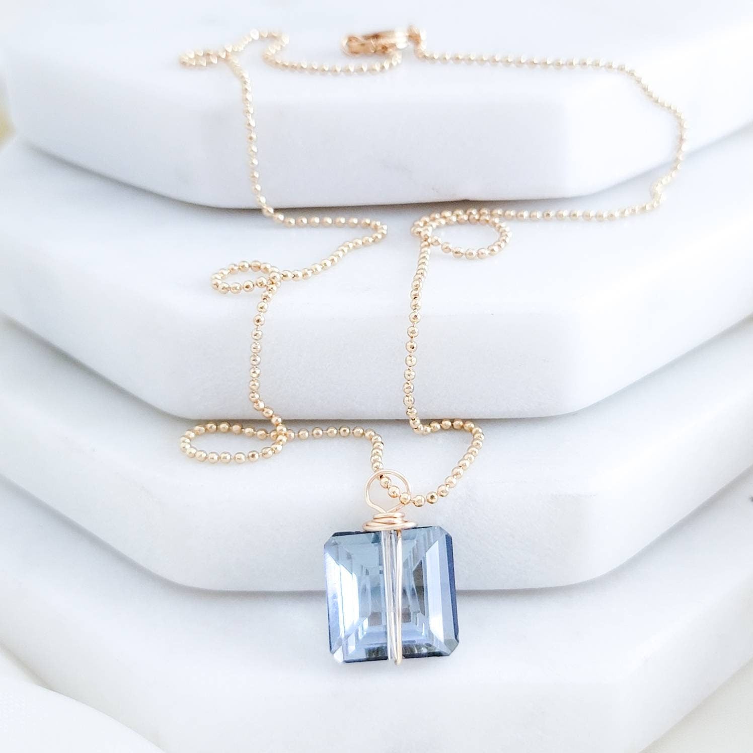Blue Crystal necklace, 18k gold filled necklace, Ball chain necklace, Thin chain necklace, Thin gold necklace chain, Christmas gifts