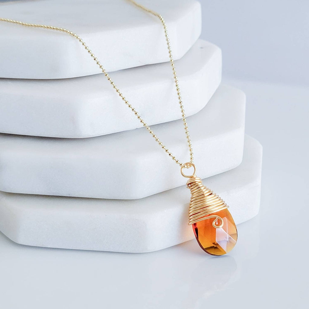 Crystal amber Teardrop Necklace, Baltic amber Crystal drop pendant, Cognac color, Pendent amber, drop crystal Pendant necklace