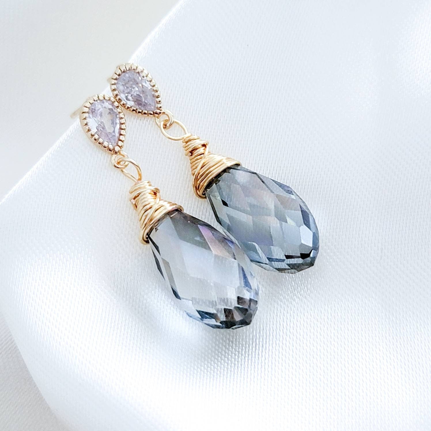 Clear crystal earrings, Teardrop bridal earrings, Tear earrings, Tiny drop earrings, Asymmetrical earrings, Dainty Crystal earrings