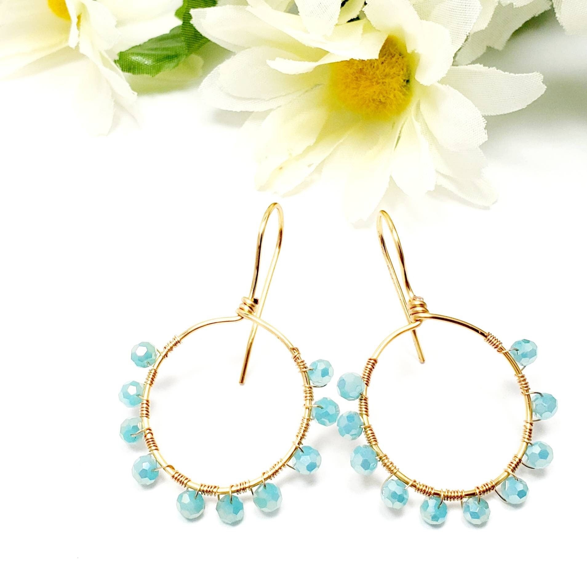 Aquamarine Hoop earrings, Mini hoop earrings, Thin Hoop Earrings, Gold filled hoop earrings, crystal hoop earrings, christmas gifts