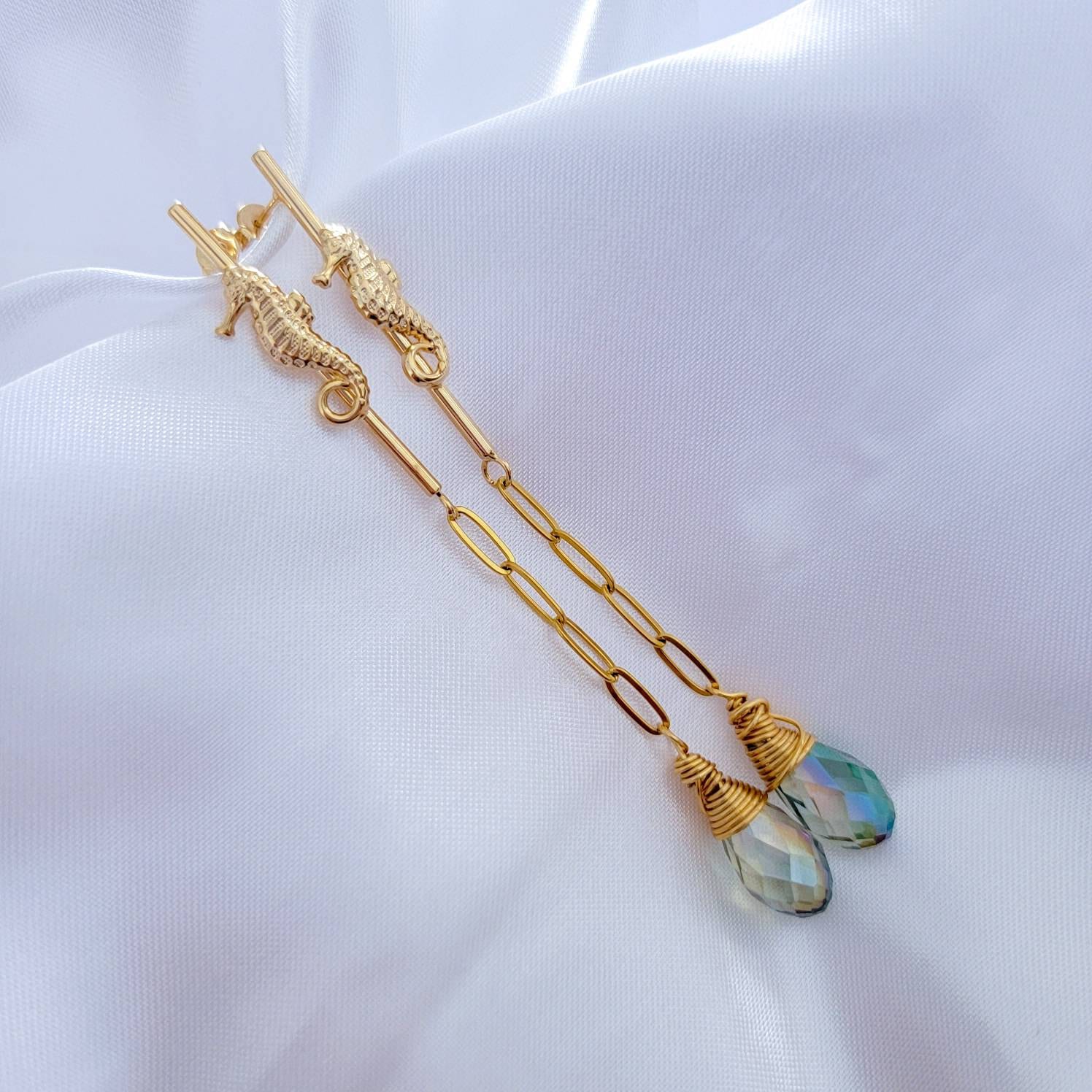 Threader Chain Earrings, Seahorse chic earrings, minimal earrings, dainty earrings, celestial hoops, cz chain earring, chain stud earring