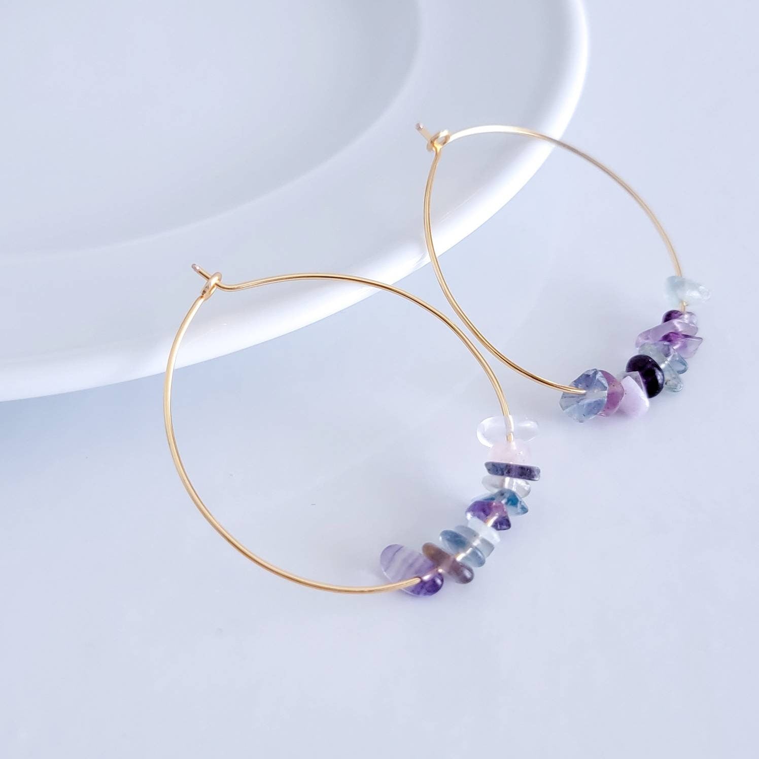 Raw Fluorite Hoop earrings, Rainbow Fluorite Thin Hoop earrings, Crystal Raw crystal earrings, rainbow fluorite, multi colored stones