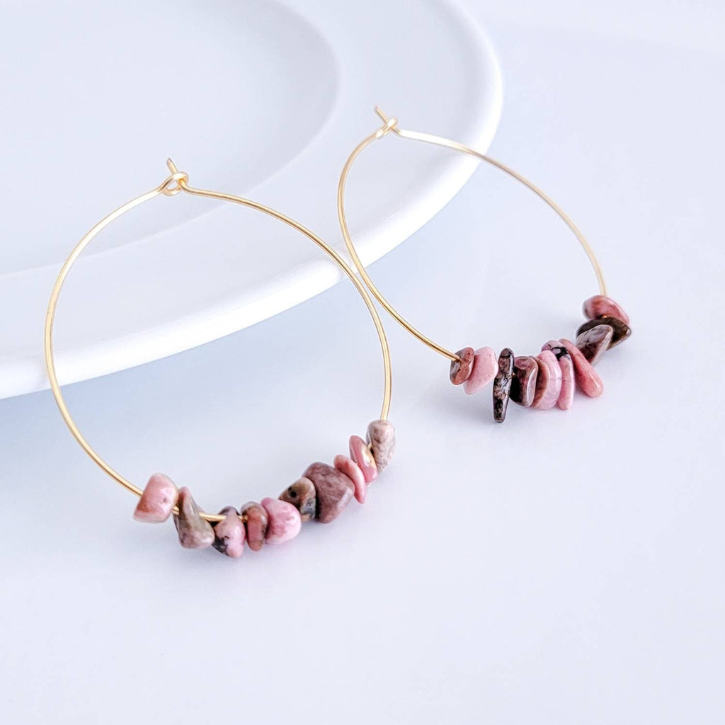Raw Rhodonite Earrings, Natural Pink Gemstone hoop earrings, Crystal hoop earrings, Thin gold hoop earrings, Natural Pink Rhodonite Earring