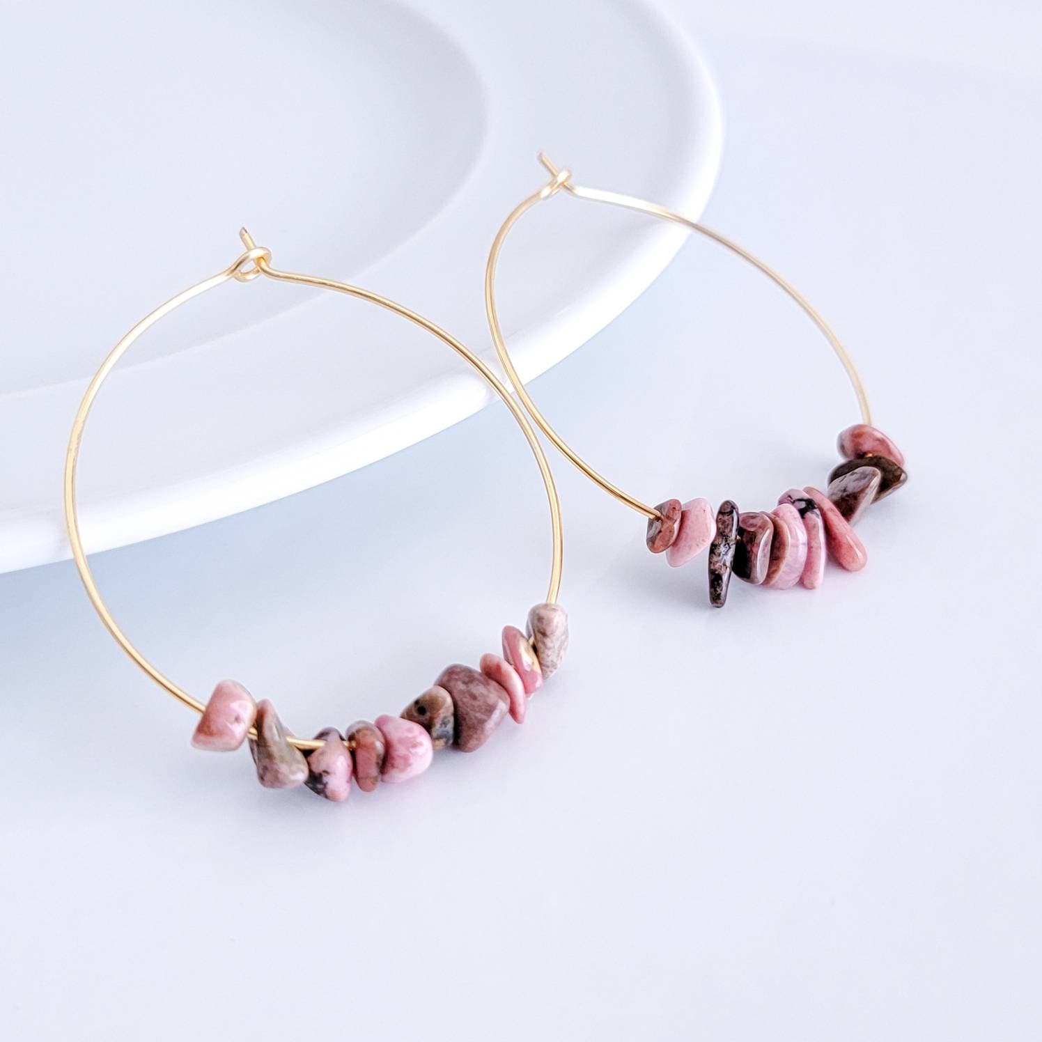 Raw Rhodonite Earrings, Natural Pink Gemstone hoop earrings, Crystal hoop earrings, Thin gold hoop earrings, Natural Pink Rhodonite Earring