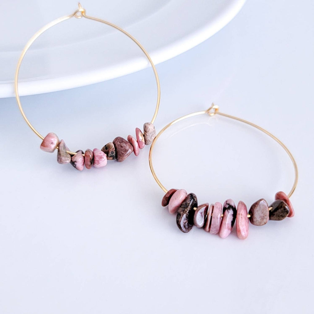 Raw Rhodonite Earrings, Natural Pink Gemstone hoop earrings, Crystal hoop earrings, Thin gold hoop earrings, Natural Pink Rhodonite Earring