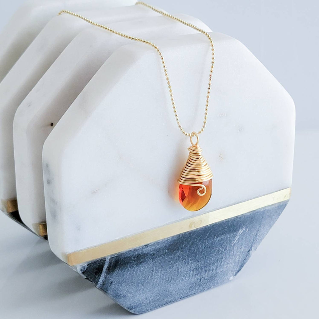Crystal amber Teardrop Necklace, Baltic amber Crystal drop pendant, Cognac color, Pendent amber, drop crystal Pendant necklace