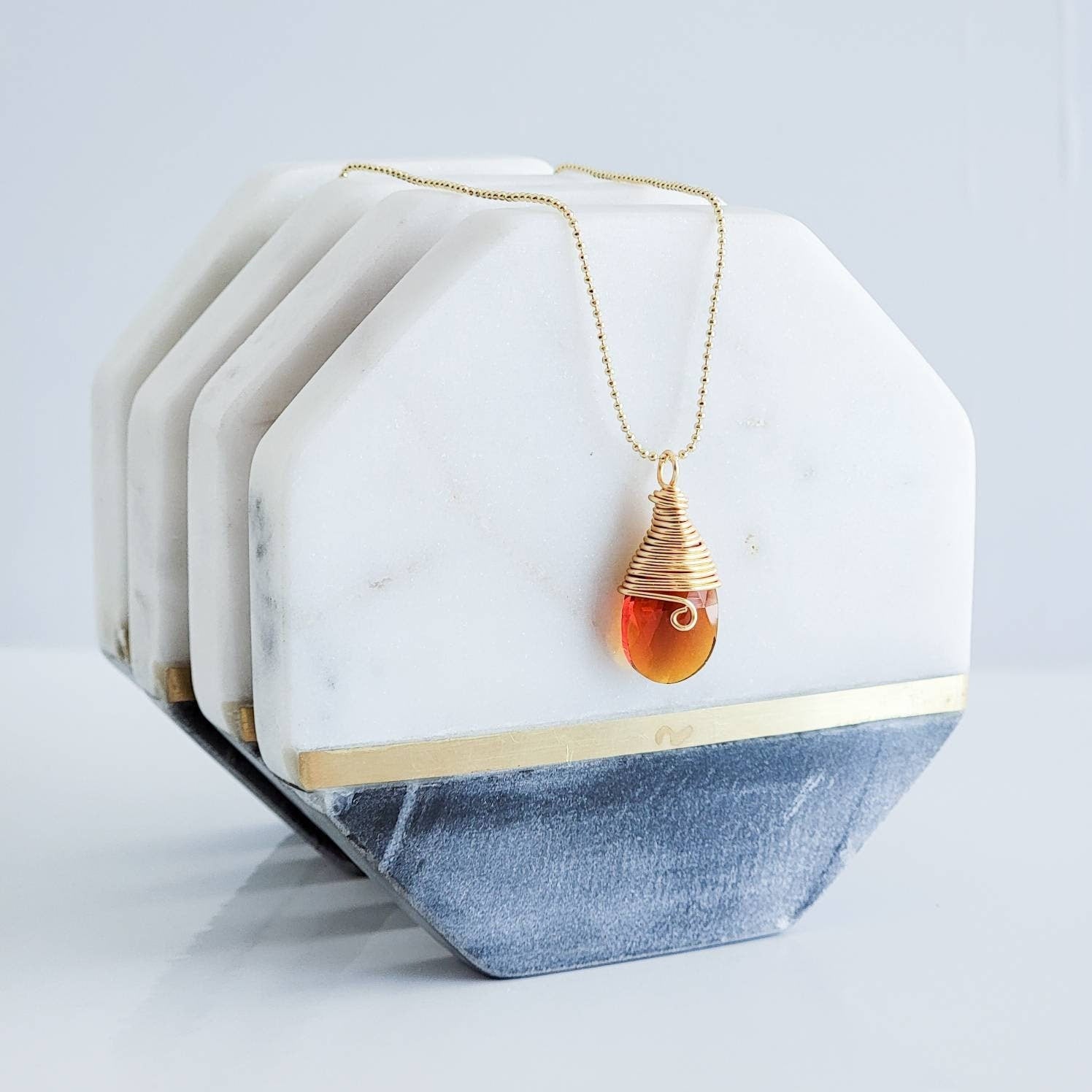 Crystal amber Teardrop Necklace, Baltic amber Crystal drop pendant, Cognac color, Pendent amber, drop crystal Pendant necklace