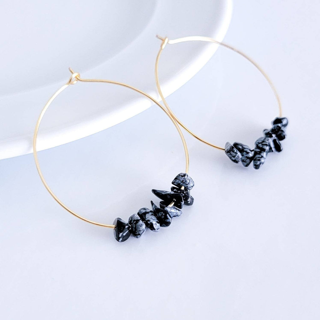 Raw Snowflake Obsidian Earrings, thin wire hoop, Obsidian Hoop Earrings, wire wrap hoop, 14k gold filled hoop, Gemstone chip earrings