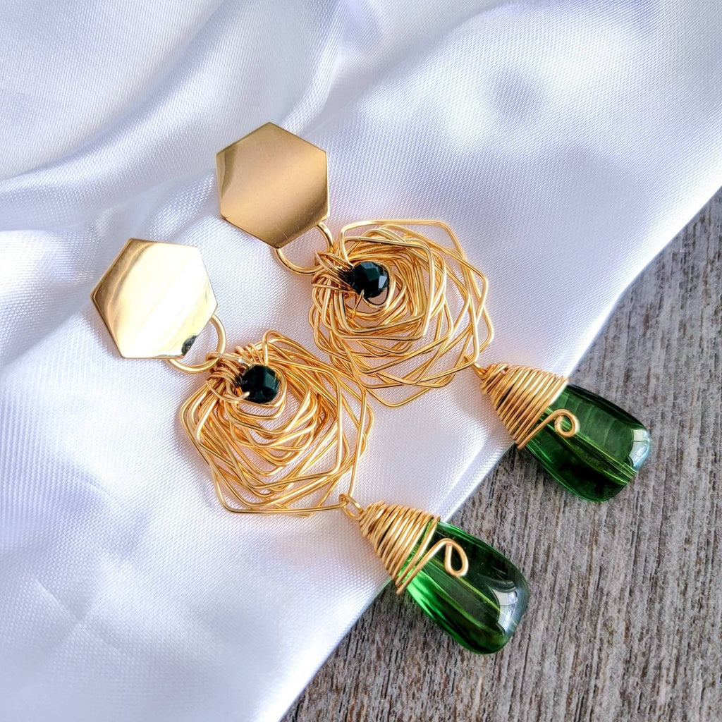 Gold spiral Wire wrap earrings, Large stone earrings, Geometric earrings, Asymmetrical earrings, mothers days gifted, giftful daughter