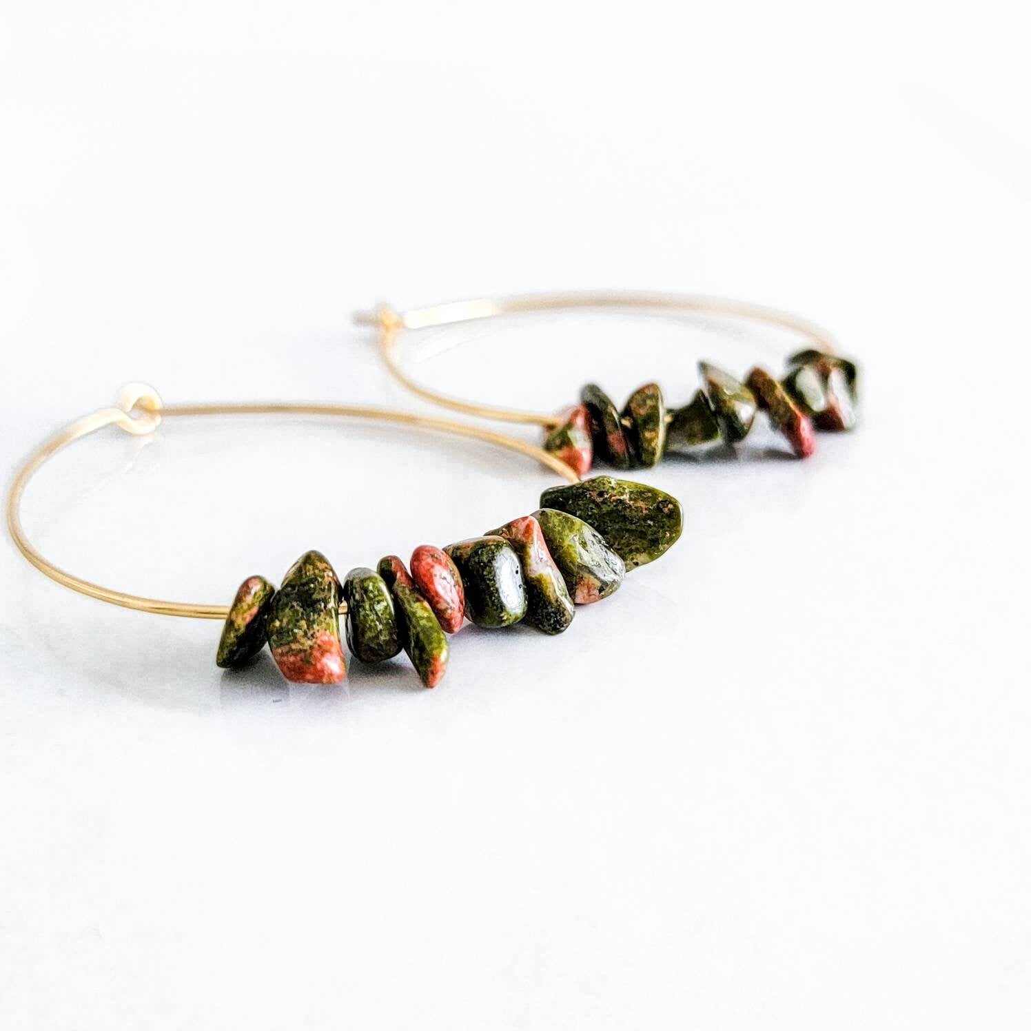 Unakite earrings, Large hoop earrings, Gold filled hoop earrings, Gemstone hoop earrings, Beaded hoop earrings, Dainty hoop earrings