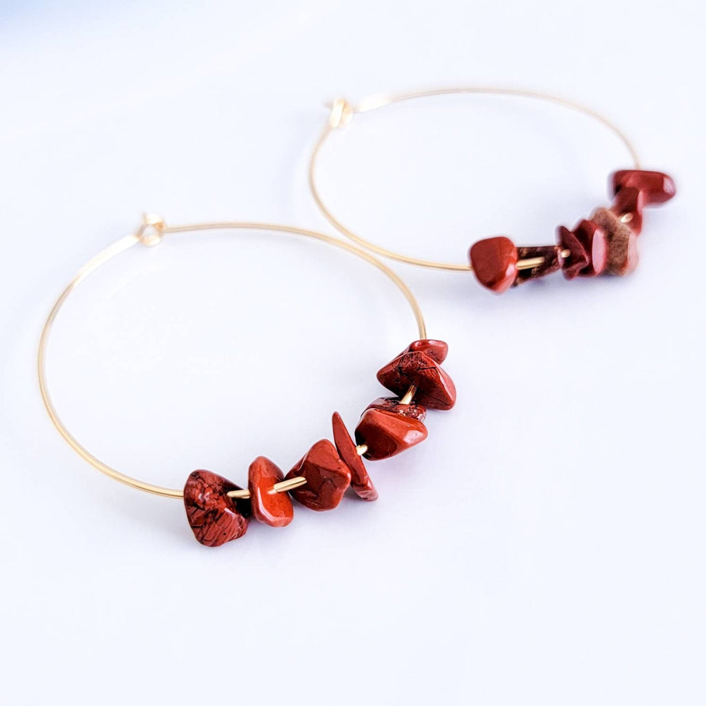 Raw Red jasper earrings, Thin hoop earrings, Gold filled hoop earrings, Unique hoop earrings, Natural Stone Earrings, Birthstone earrings