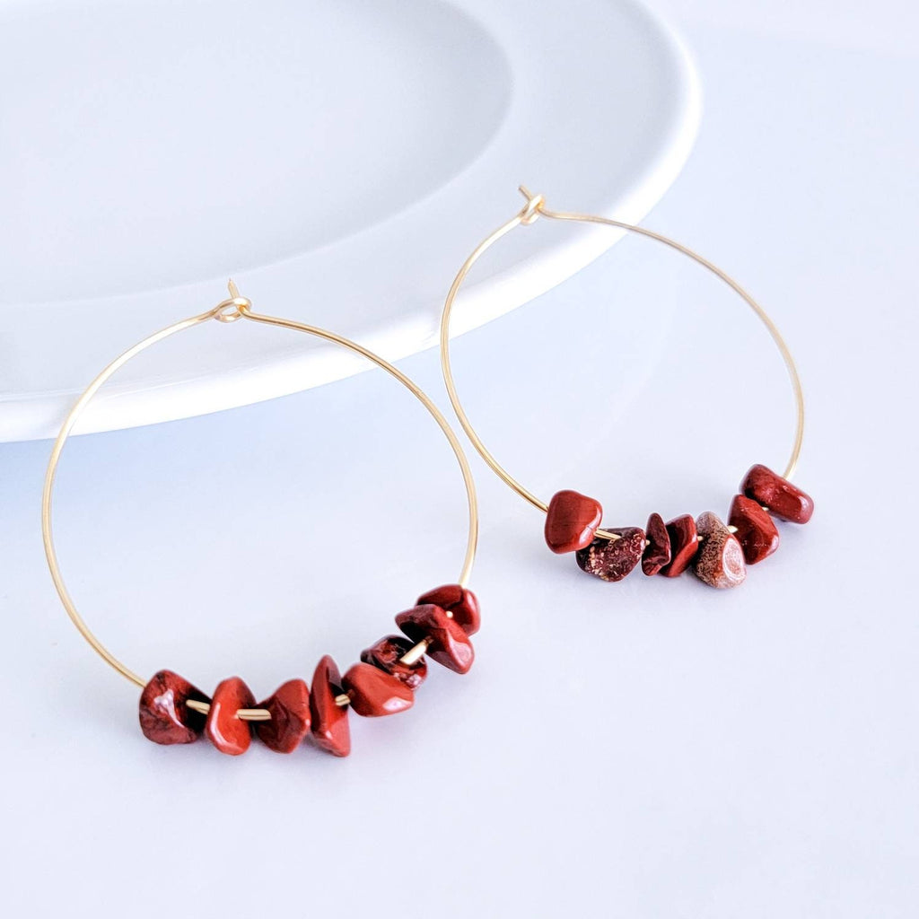 Raw Red jasper earrings, Thin hoop earrings, Gold filled hoop earrings, Unique hoop earrings, Natural Stone Earrings, Birthstone earrings