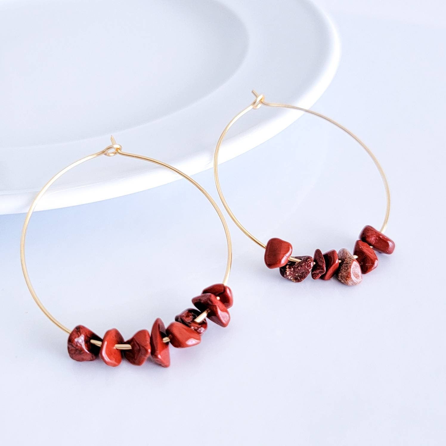 Raw Red jasper earrings, Thin hoop earrings, Gold filled hoop earrings, Unique hoop earrings, Natural Stone Earrings, Birthstone earrings