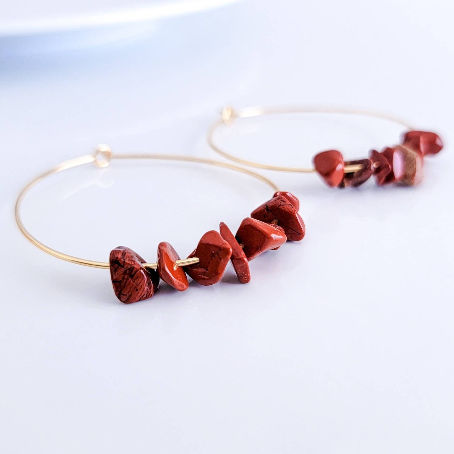 Raw Red jasper earrings, Thin hoop earrings, Gold filled hoop earrings, Unique hoop earrings, Natural Stone Earrings, Birthstone earrings