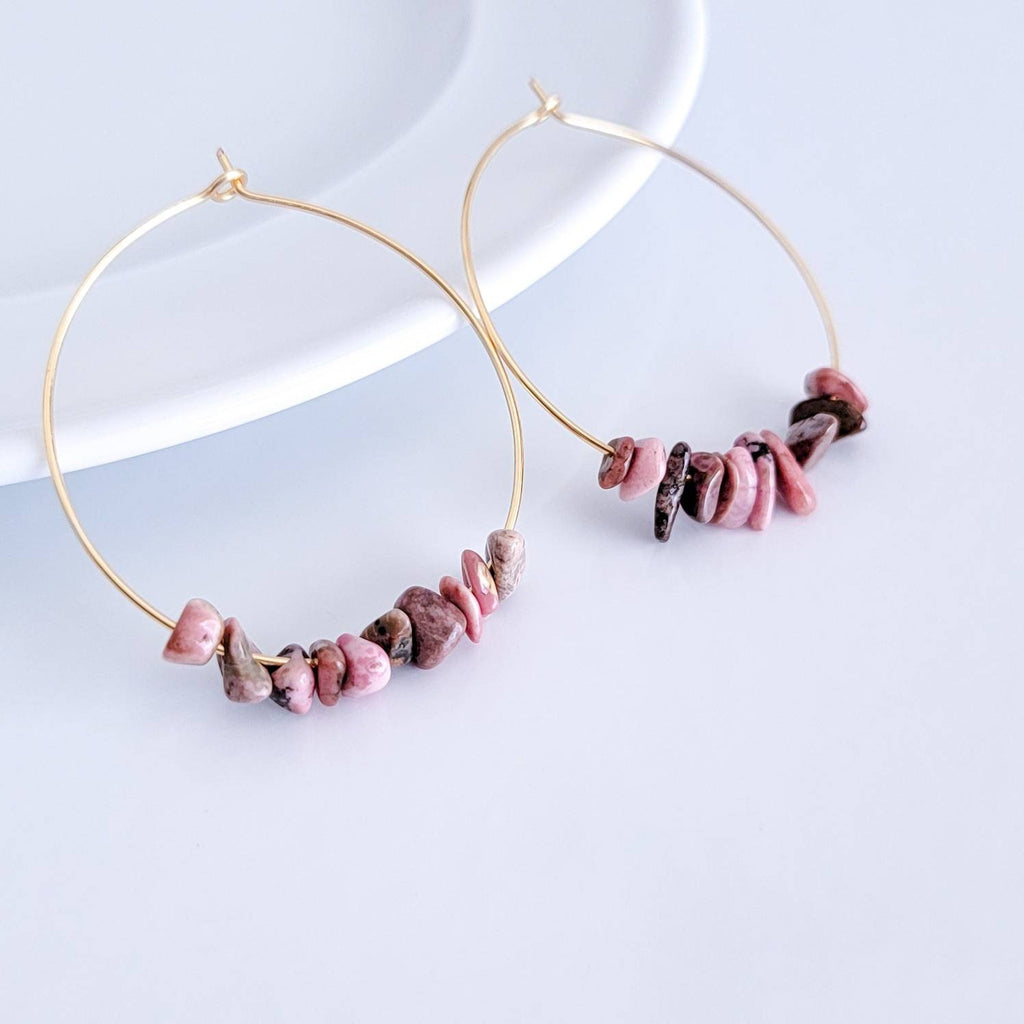 Raw Rhodonite Earrings, Natural Pink Gemstone hoop earrings, Crystal hoop earrings, Thin gold hoop earrings, Natural Pink Rhodonite Earring