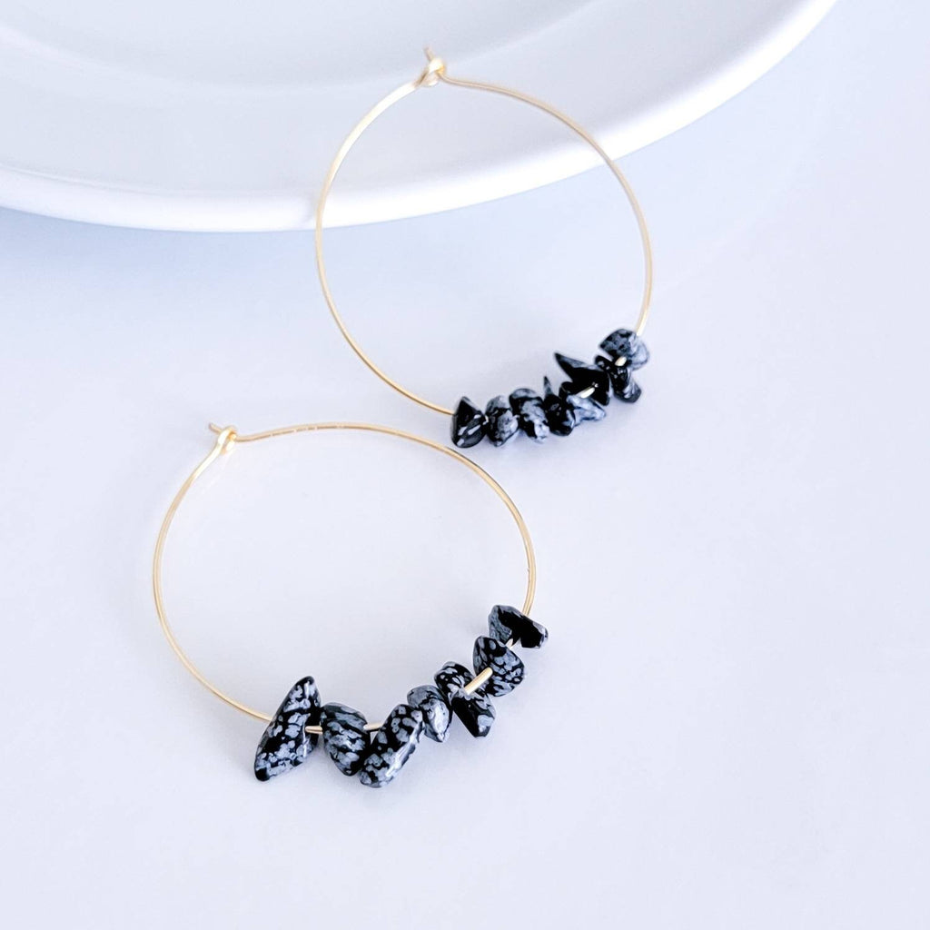 Raw Snowflake Obsidian Earrings, thin wire hoop, Obsidian Hoop Earrings, wire wrap hoop, 14k gold filled hoop, Gemstone chip earrings