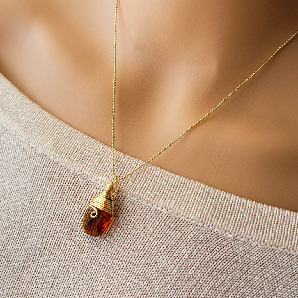 Crystal amber Teardrop Necklace, Baltic amber Crystal drop pendant, Cognac color, Pendent amber, drop crystal Pendant necklace
