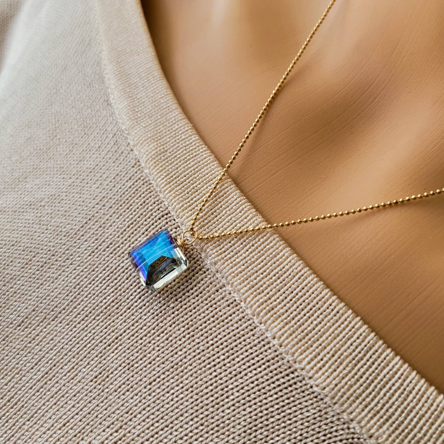 Blue Crystal necklace, 18k gold filled necklace, Ball chain necklace, Thin chain necklace, Thin gold necklace chain, Christmas gifts