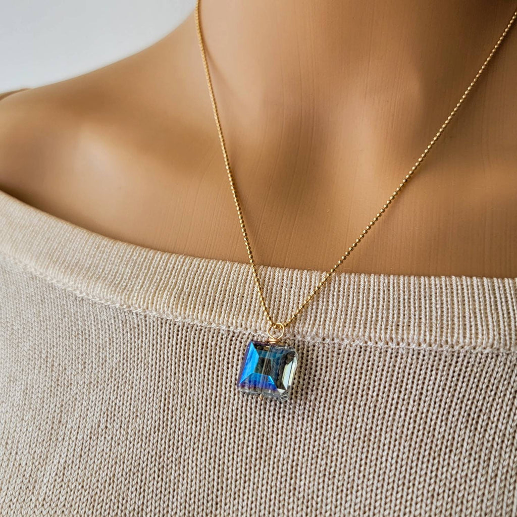 Blue Crystal necklace, 18k gold filled necklace, Ball chain necklace, Thin chain necklace, Thin gold necklace chain, Christmas gifts