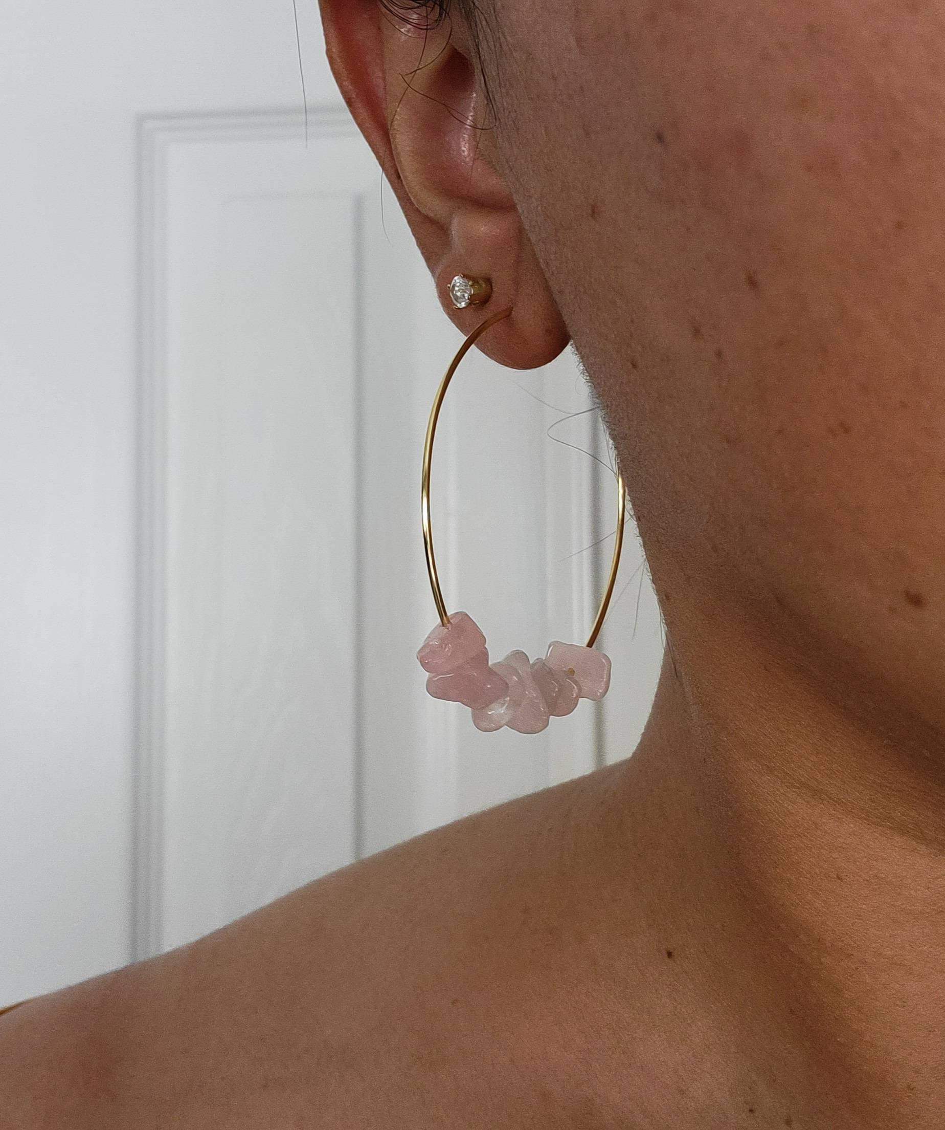 Rose quartz Hoops earrings, Raw Rose quartz earrings, Thin hoop earrings, Raw crystal earrings, Raw stone earrings, christmas-gifted