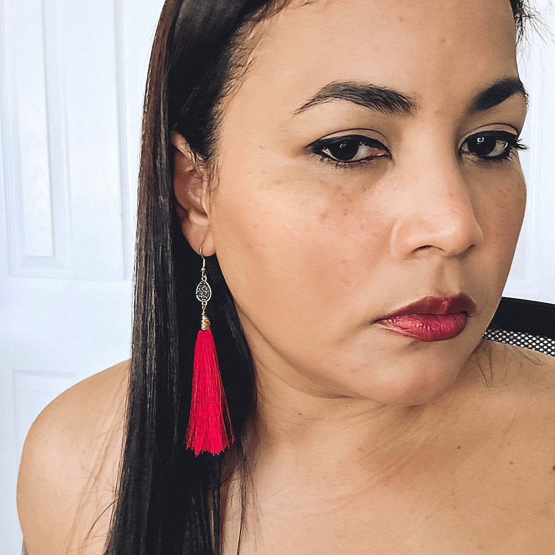 Tassel earrings, Druzy Earrings, Red tassel earrings, Fringe tassel earrings, Boho Large Tassel Earrings, colorful tassels, simple tassel