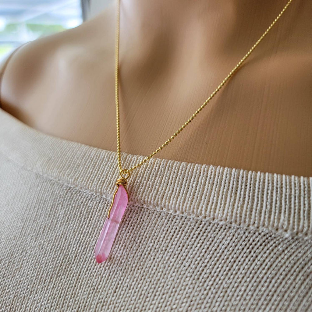 Rose quartz necklace, Quartz point pendant, Quartz crystal point pendant, Rose Quartz Pendant, Gold ball chain, Minimalist layering, gifteds