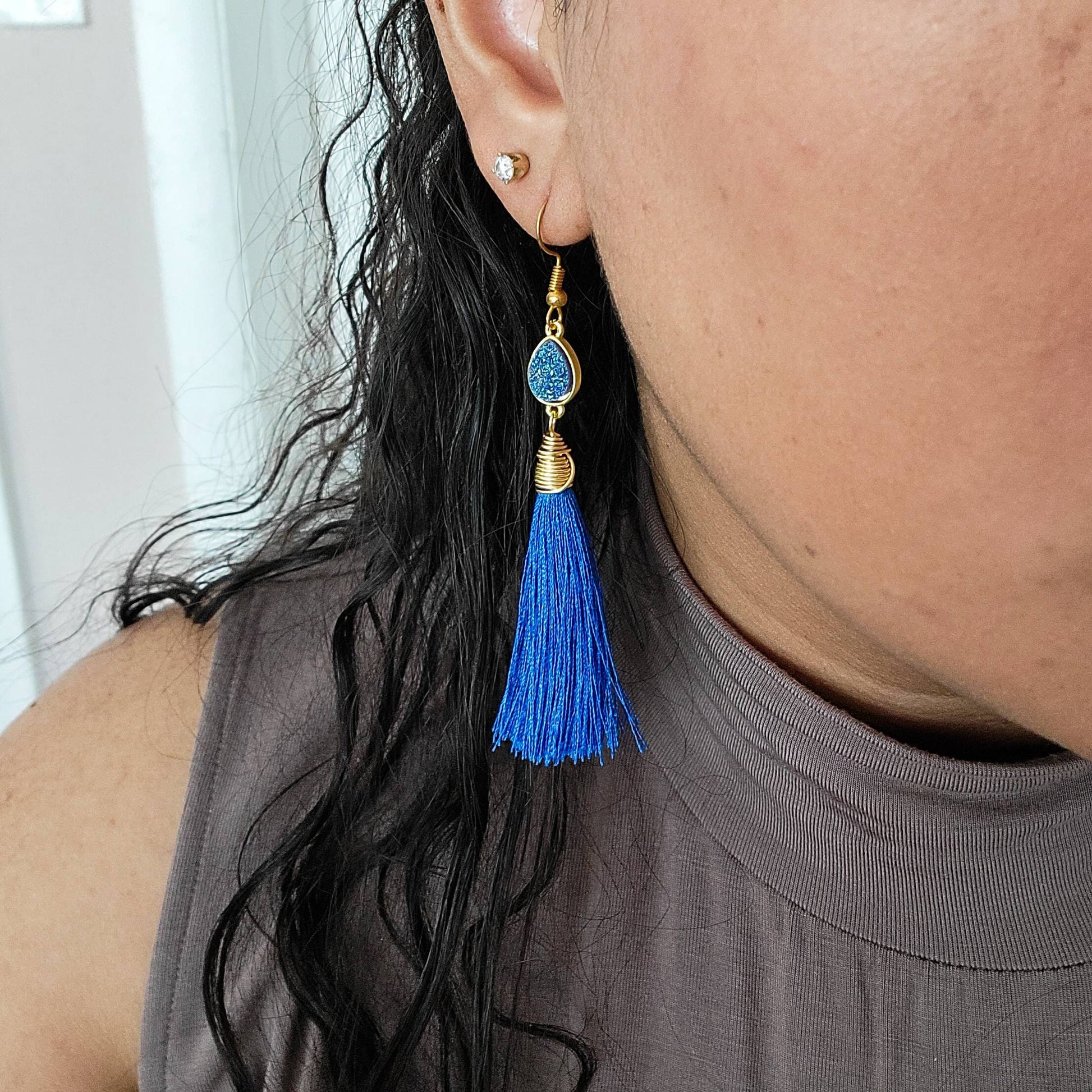 Blue tassel Druzy Earrings, Waterfall Earrings, Statement Tassel Earrings, Gold Fringe EarringsBridesmaid earring, Bridal earring,