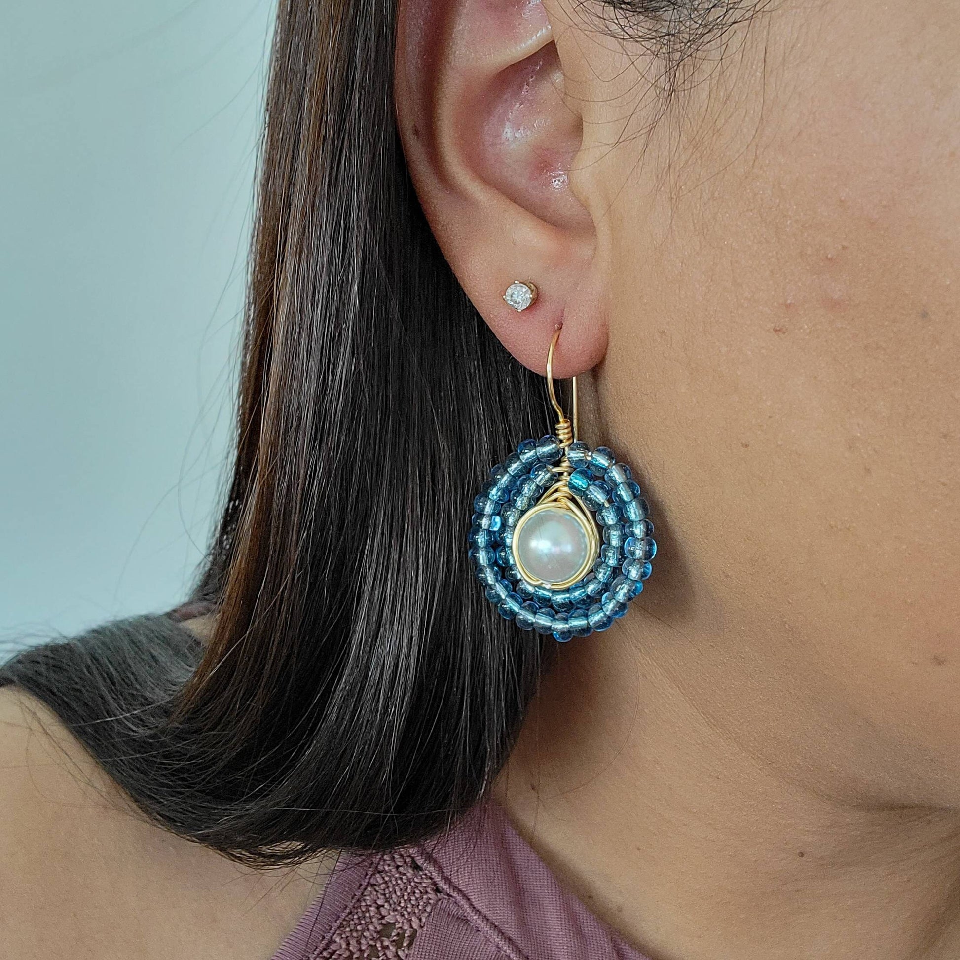 Pearl drop earrings, Something Blue Earrings, delicate earrings, minimal earrings, bridesmaid earrings, everyday earrings, giftful earring
