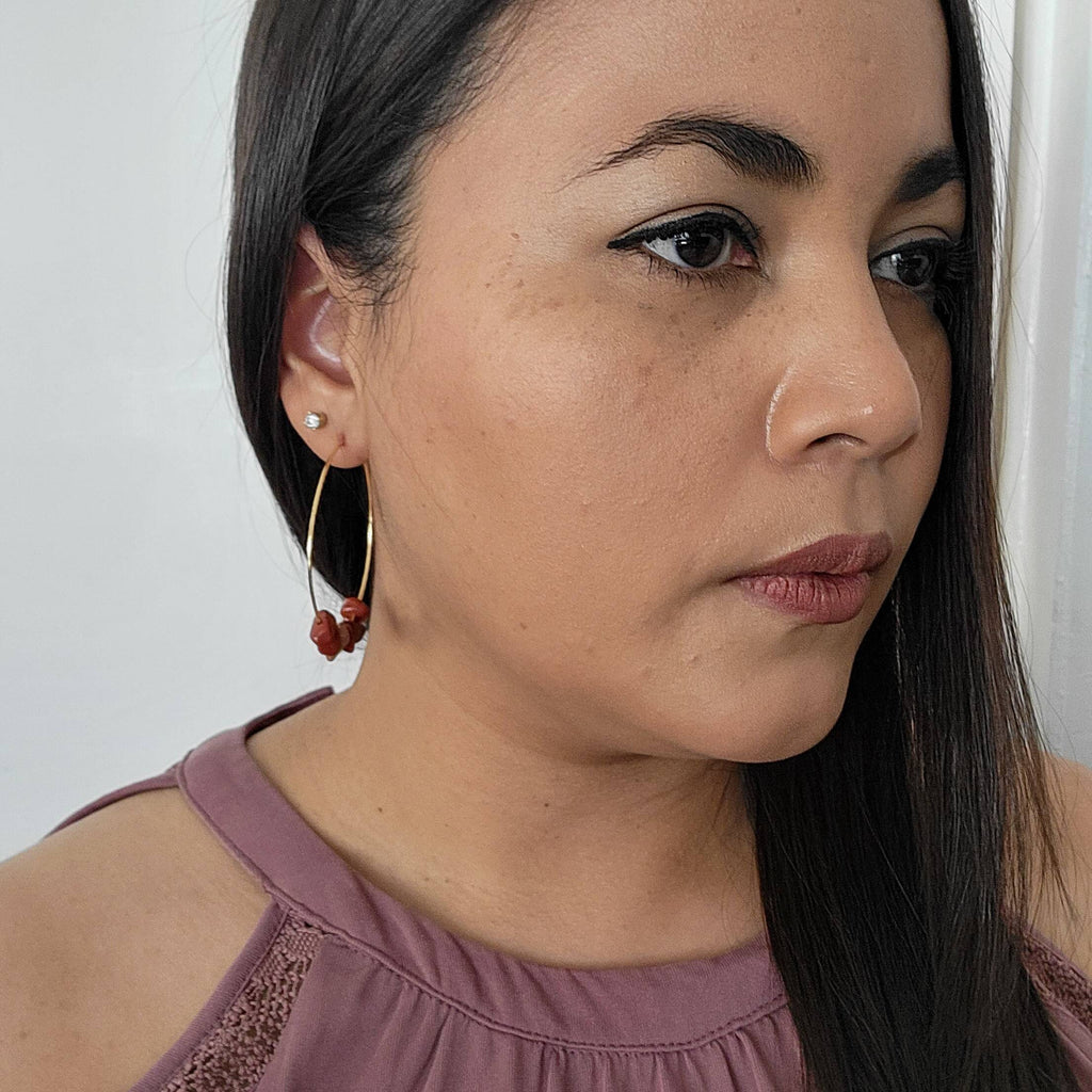 Raw Red jasper earrings, Thin hoop earrings, Gold filled hoop earrings, Unique hoop earrings, Natural Stone Earrings, Birthstone earrings