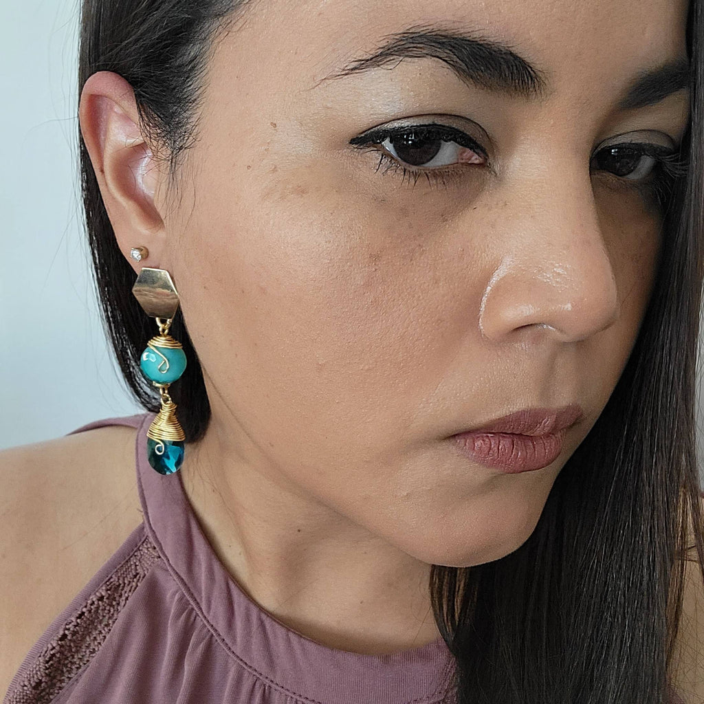 Thread earrings, Tear drop earrings, Long teardrop earrings, Mother in law gift, Modern green earrings, Boss day gift for her, Bestseller