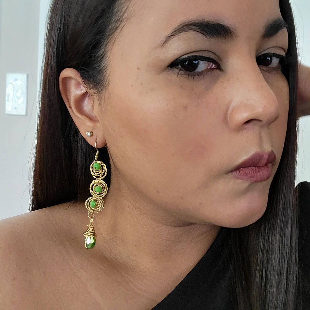 Extra long earrings, Long bridal earrings, Green stone earrings, Crystal earrings dangle, Asymmetrical earrings, Wire wrapped earrings