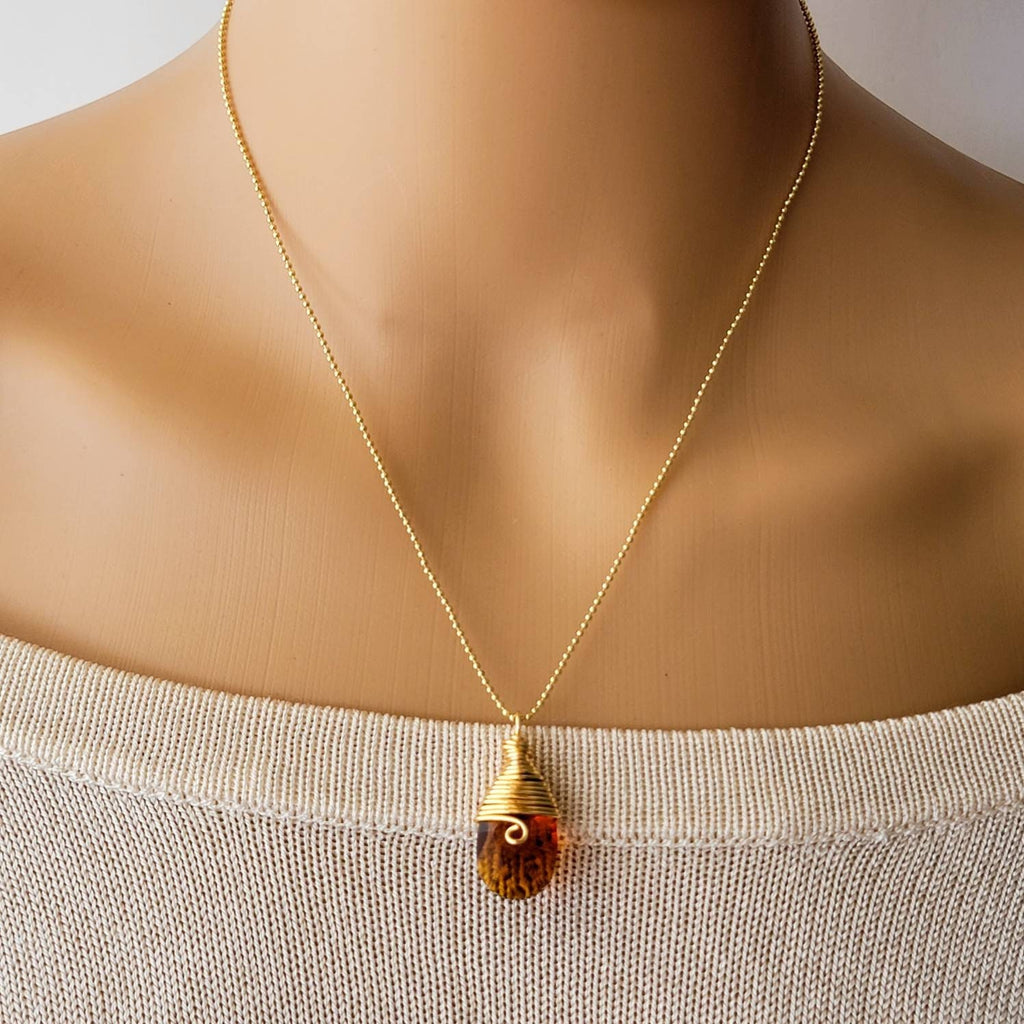 Crystal amber Teardrop Necklace, Baltic amber Crystal drop pendant, Cognac color, Pendent amber, drop crystal Pendant necklace