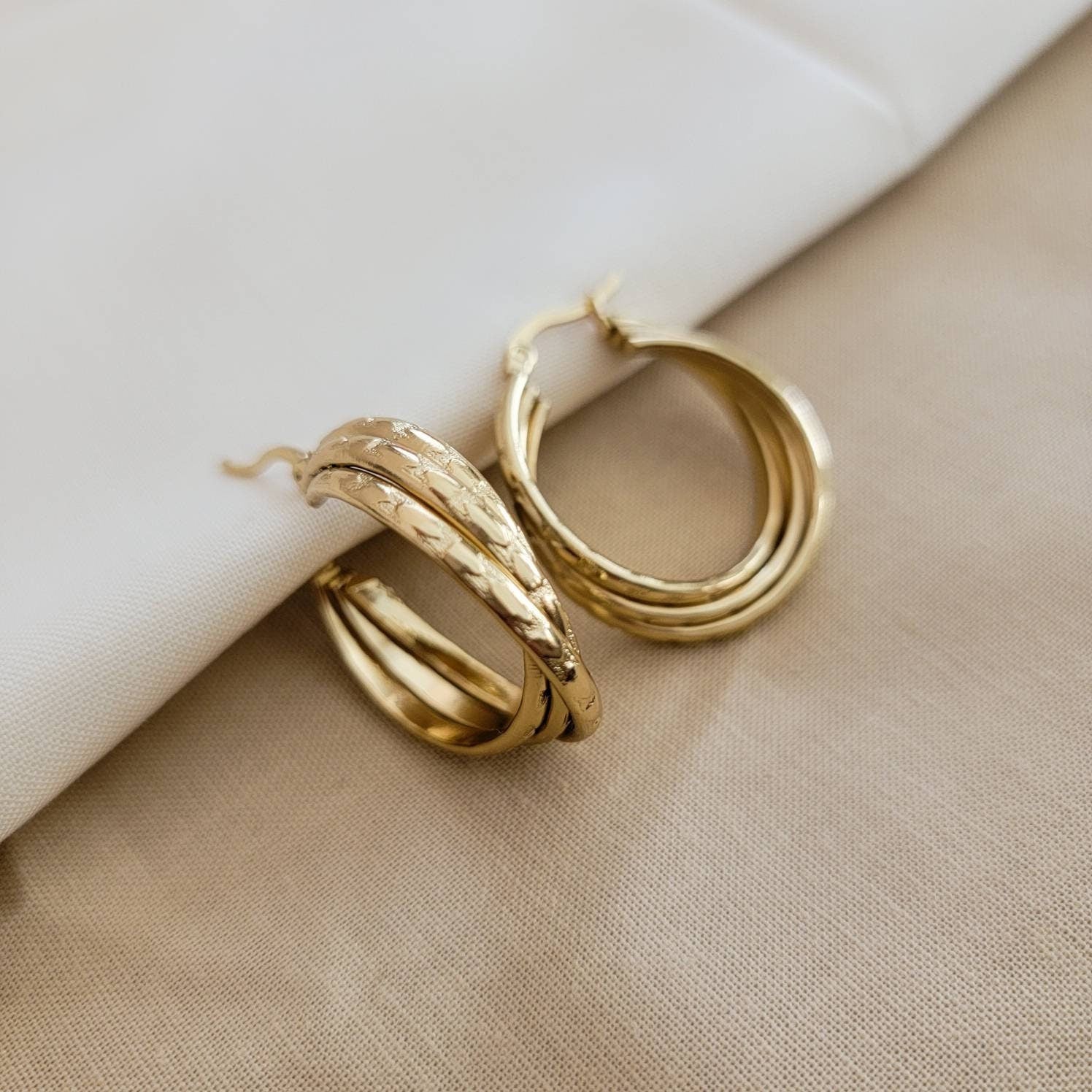 Triple Hoop Earrings, Gold hoop earrings, Knot earrings,Thick hoop earrings, Chunky gold hoops earrings, Triple band hoops, gold triple hoop