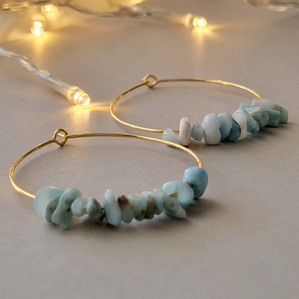 Dainty Larimar Hoop earrings, Thin gold hoop earrings, Large Earring hoops, Big Hoops, Minimalistic Hoop Earrings, Raw Crystal Earrings